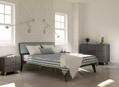 Bedroom Set Luxury Bed 2x Bedside tables Design gray 3-piece Chest of drawers